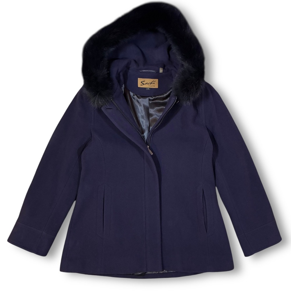 Sachi Collection Wool Cashmere Blend Coat Fox Fur‎ Hood Women's S Navy Blue EGP